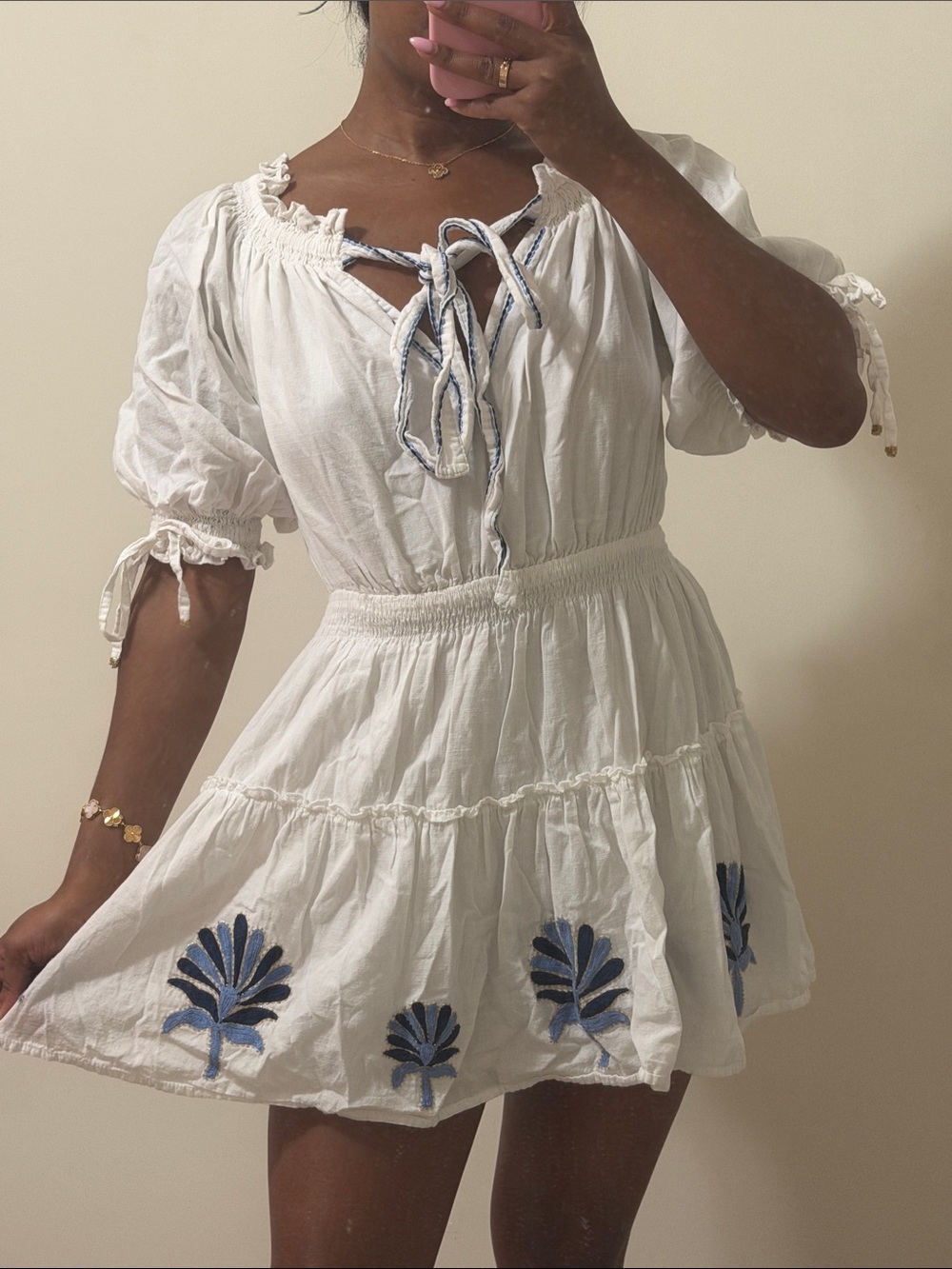 White Embroidered Cotton Mini Dress with Blue Accents